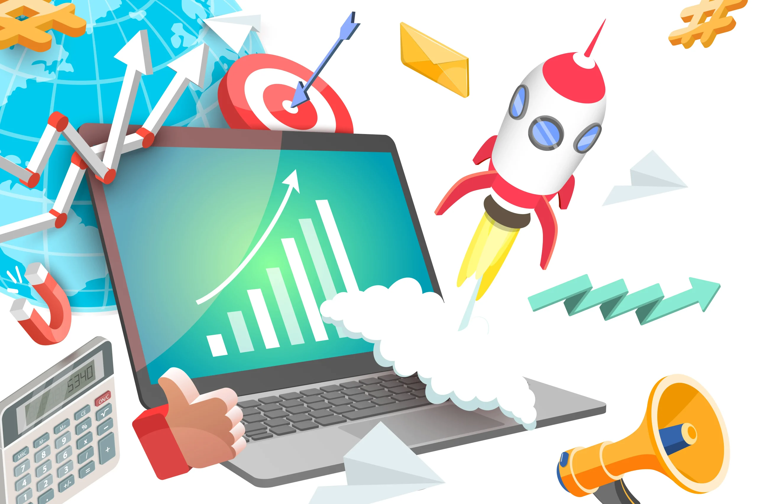 PCから飛び出すロケット、背景に世界地図と弓と的、磁石、電卓、折れ線グラフ