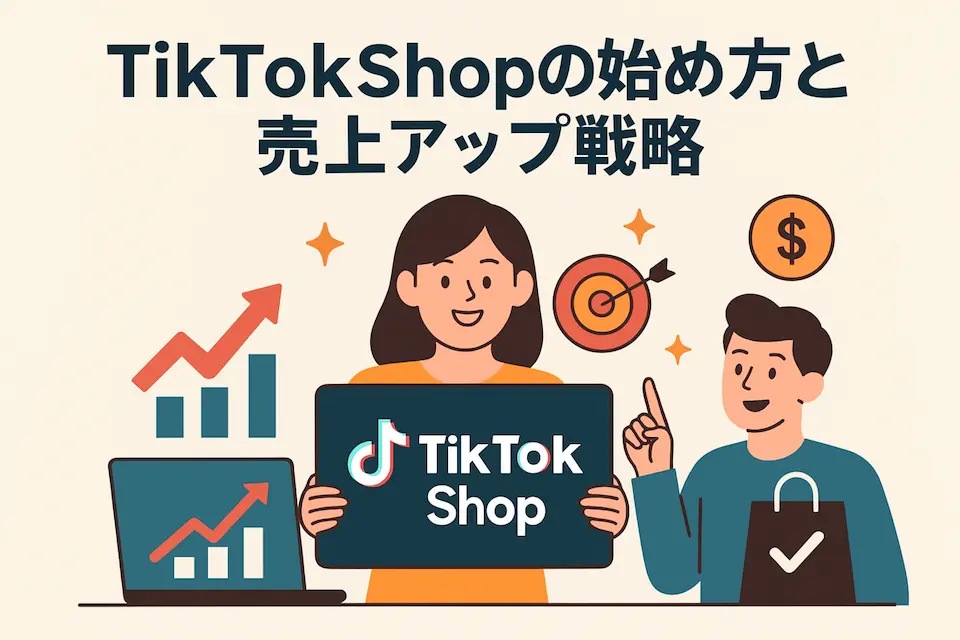 TIKTOKSHOPの看板をもつ女性とそれを指さす男性イラスト