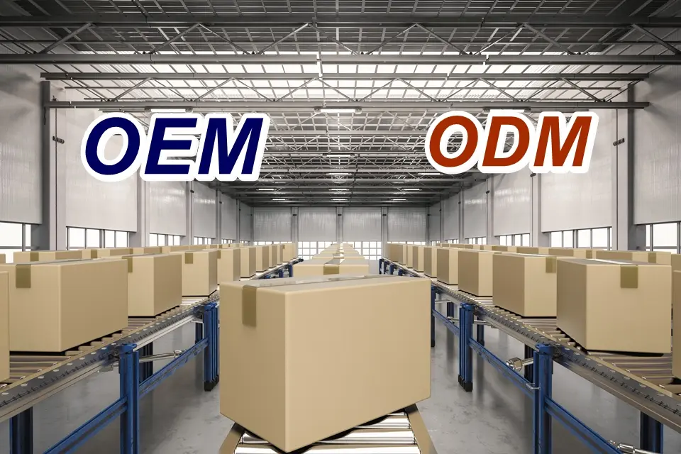 ベルトコンベアの上を流れるダンボール荷物とOEM/ODMの文字
