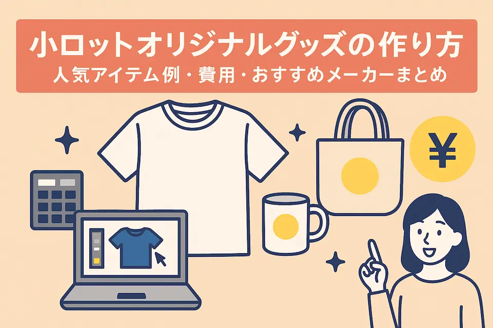 PC,Tシャツ、マグカップ、カバンに女性のイラスト、タイトルの文字
