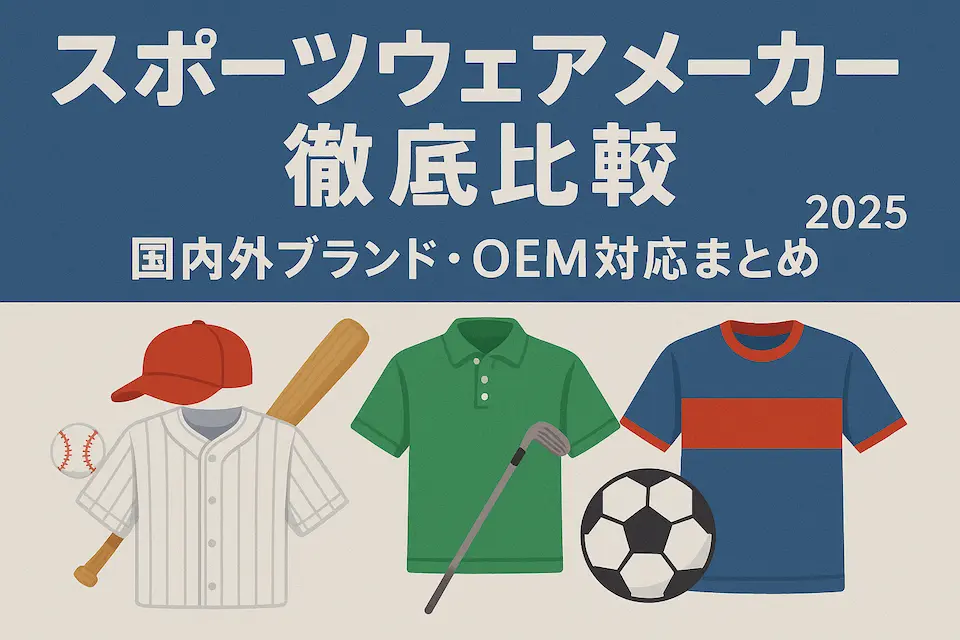 スポーツウェアメーカー徹底比較の文字と、野球・ゴルフ・サッカーのユニフォームと用具のイラスト