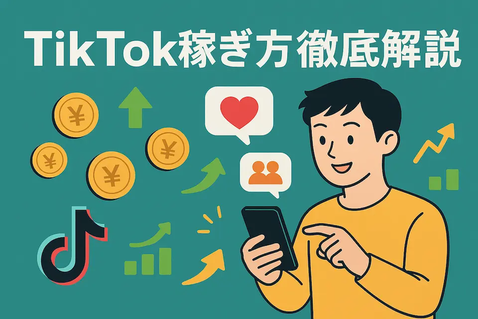 男性がスマホでTIKTOKで稼いでいるイメージイラスト