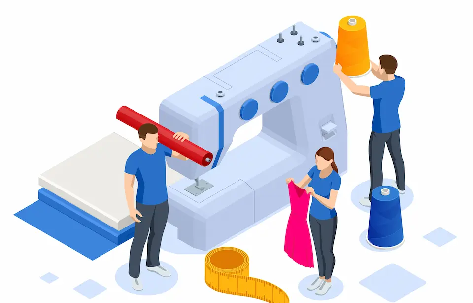 ミシンを中心に男女従業員が働くアパレルOEMのイメージイラスト