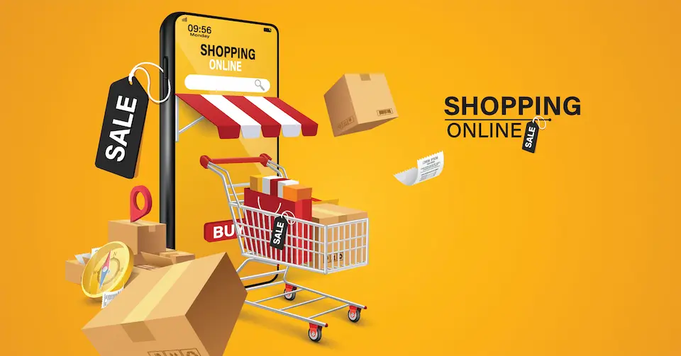 スマホからショッピングカートや段ボールが出るイメージイラスト