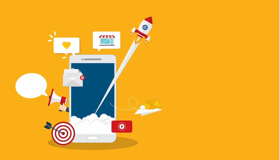 スマホからロケットが打ちあがるイメージイラスト