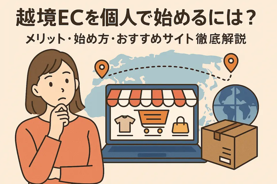 越境ECを個人で始めるには？のタイトル文字とＰＣ・世界地図・地球儀・貨物・女性