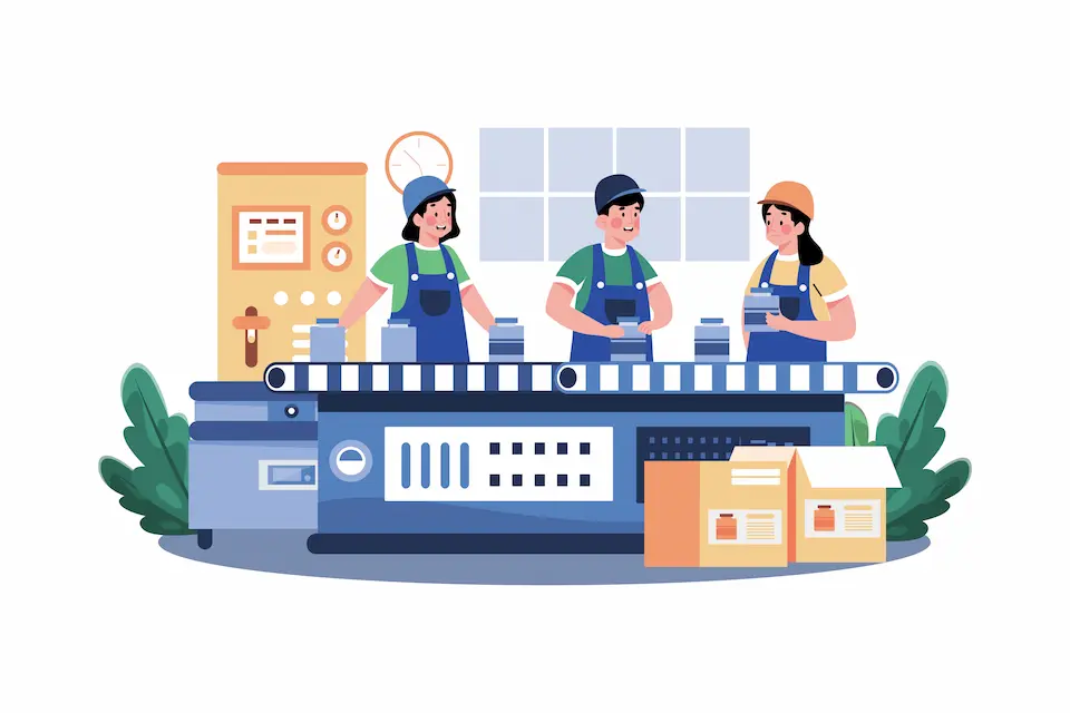 OEM工場のラインで働く作業員のイラスト