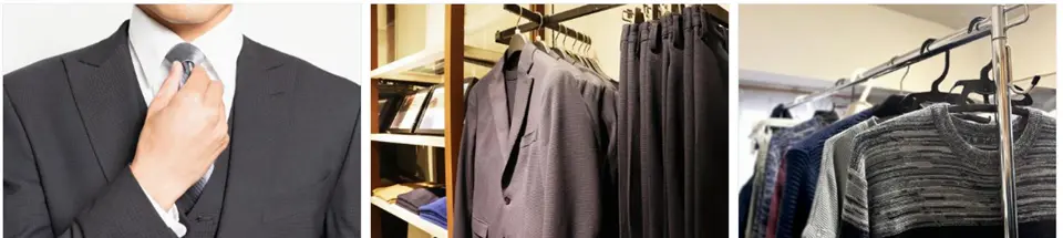 スーツやメンズ服がつるされたショップとネクタイを締める男性の画像