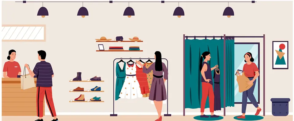 ショップで買い物をする男女のイラスト