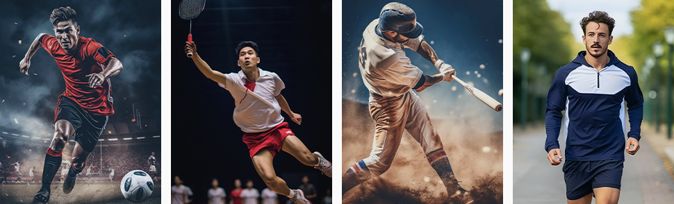 サッカー、テニス、野球などのユニフォームを着た選手の活動の様子