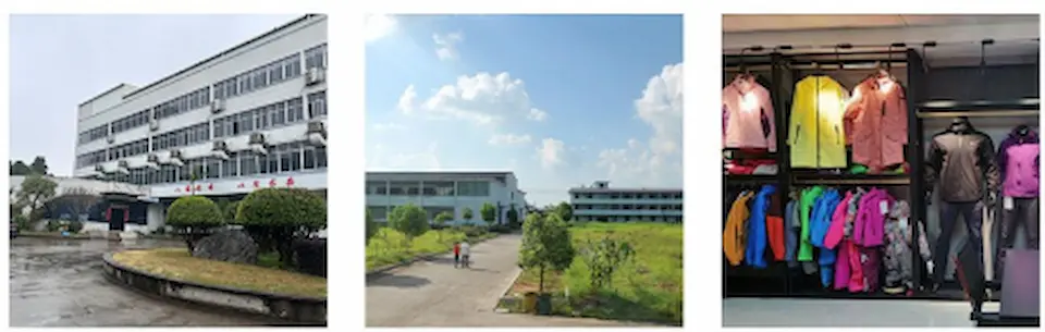 アウトドアウェア工場の外観とウェアが展示された内部画像