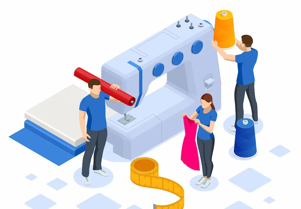 ミシンとメジャー、衣類、3人の作業員のイラスト