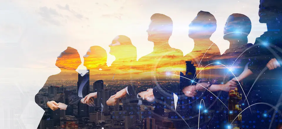 胸で両手をクロスさせて手をつなぐ7人のビジネスパーソン