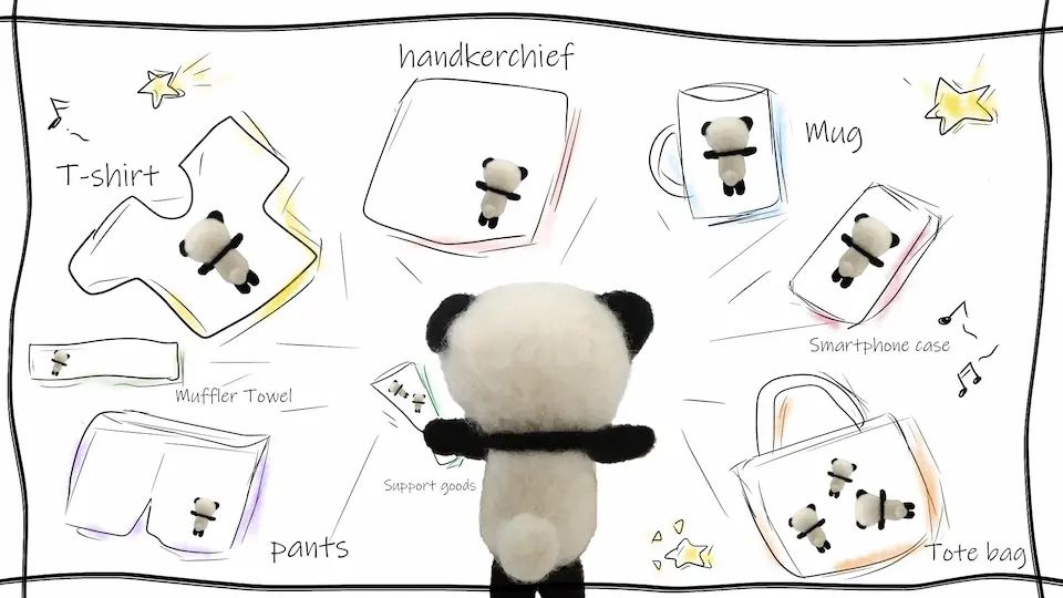 パンダとTシャツ、ハンカチ、マグカップ、スマホ、タオル、パンツのイラスト