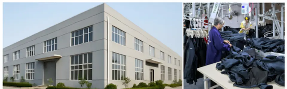 工場の外観と中の作業風景