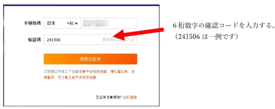 確認コードの入力ページ