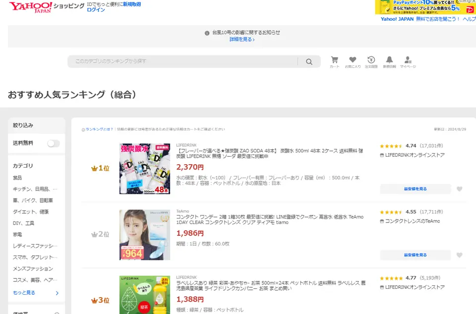 ヤフーショッピングの人気商品ランキング画面