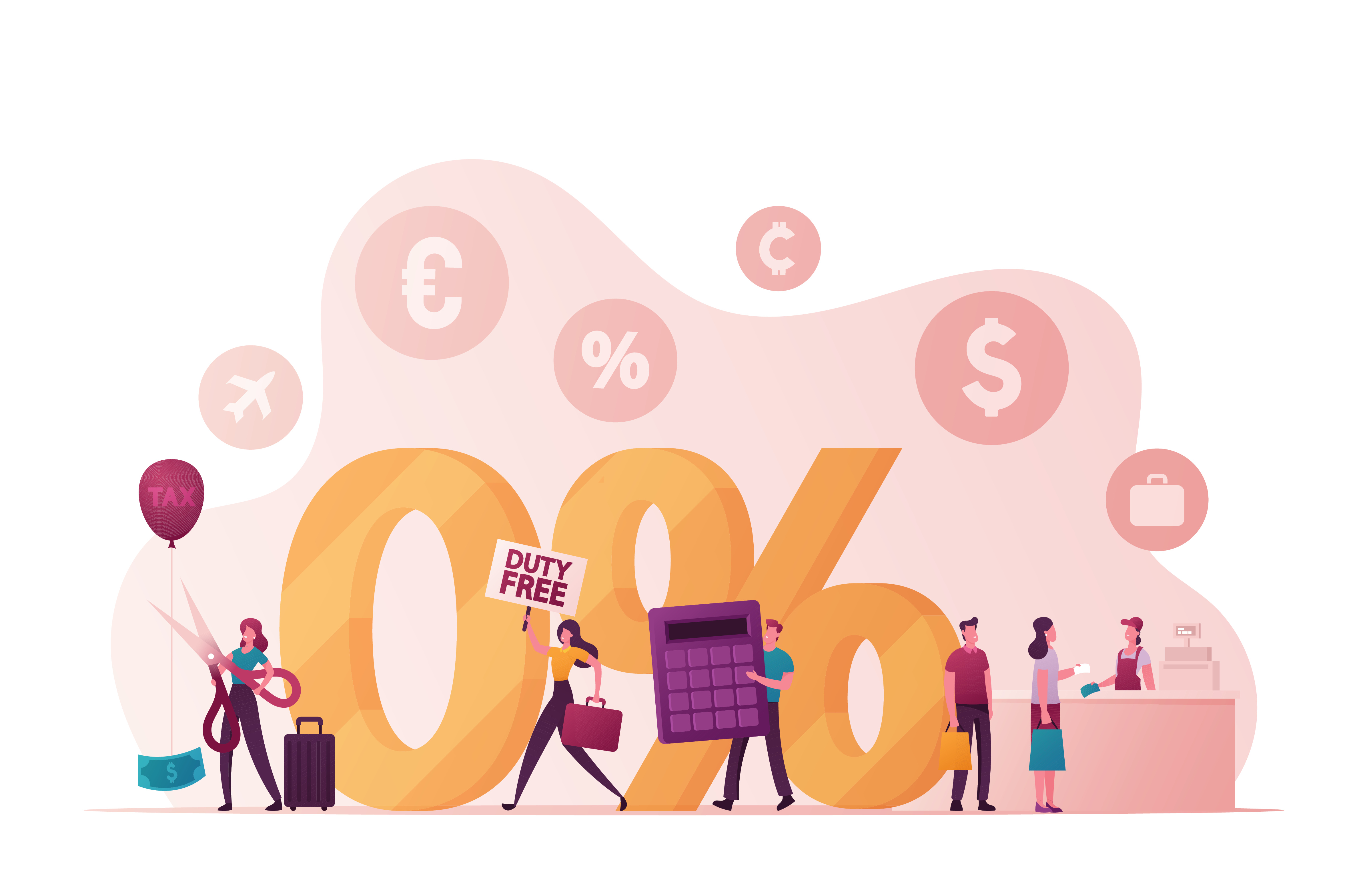 DUTY FREEというプラカードを掲げる女性、電卓をもつ男性の後ろに0%の大きな表示イラスト