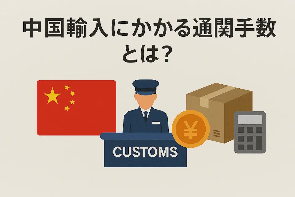 中国の国旗、税関、貨物、電卓による通関のイメージ画像