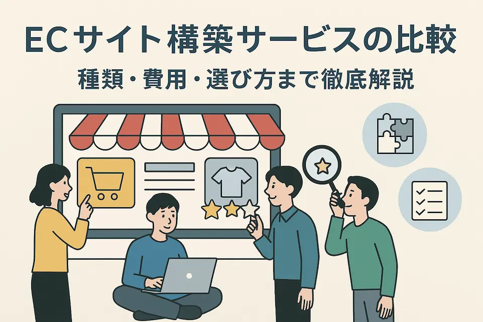ECサイト構築サービスの比較おちうタイトル文字と、ECサイト・4人のビジネスパーソンのイラスト