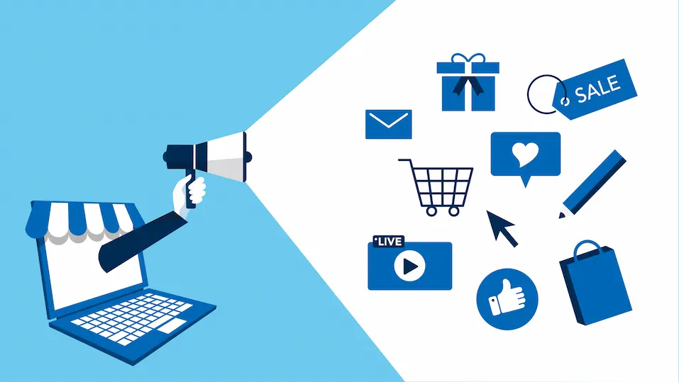 PCとショッピングカート、ショッパー、メールなどのイメージイラスト