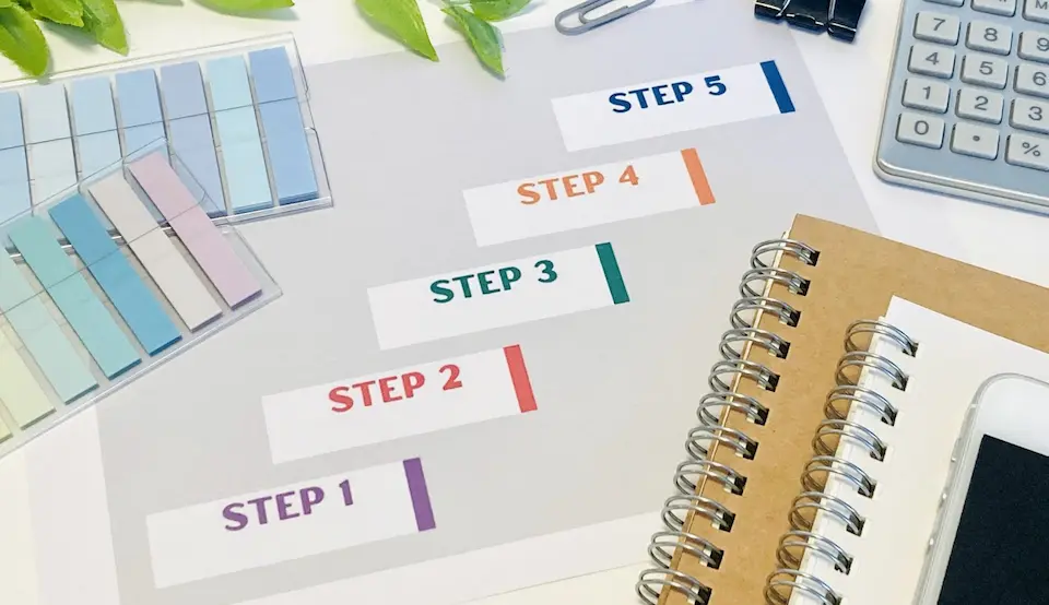 デスクの上・ノート・電卓・5枚の付箋にSTEP1～５の数字