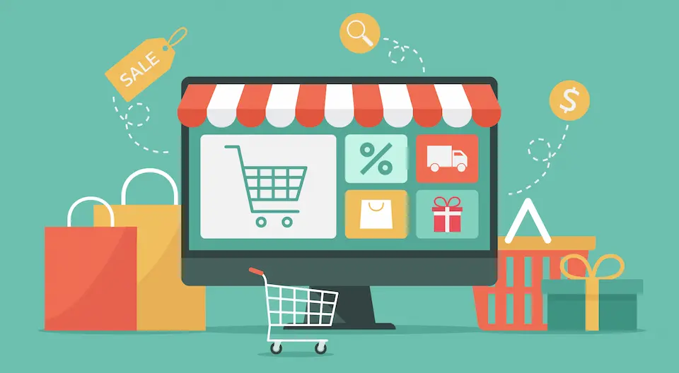 ECサイトとショッピングバックなどのイメージイラスト