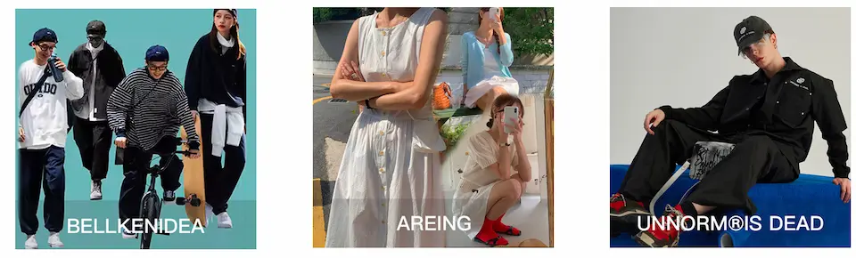 BELLKENIDEA、AREING、UNNORM IS DEAD、それぞれブランドのアパレルを身に着けた男女モデルの画像